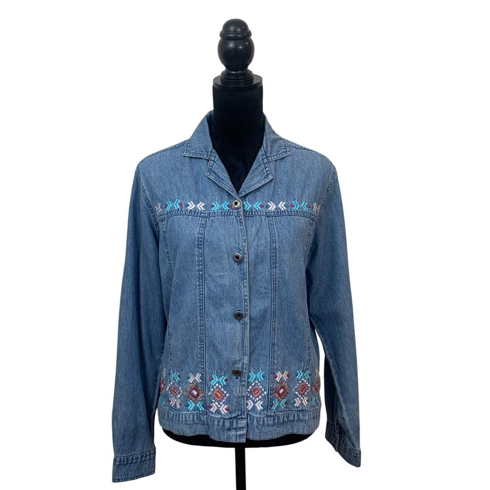 Agapo Vintage Women's S Blue Denim Embroidered Southwestern Button Front Jacket